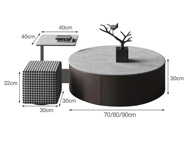 Alvis Coffee Table Set With Stool, Sintered Stone