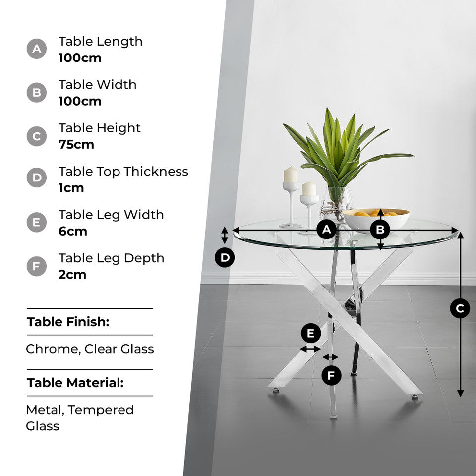 Novara Round Glass and Silver Metal 4 Seater Dining Table