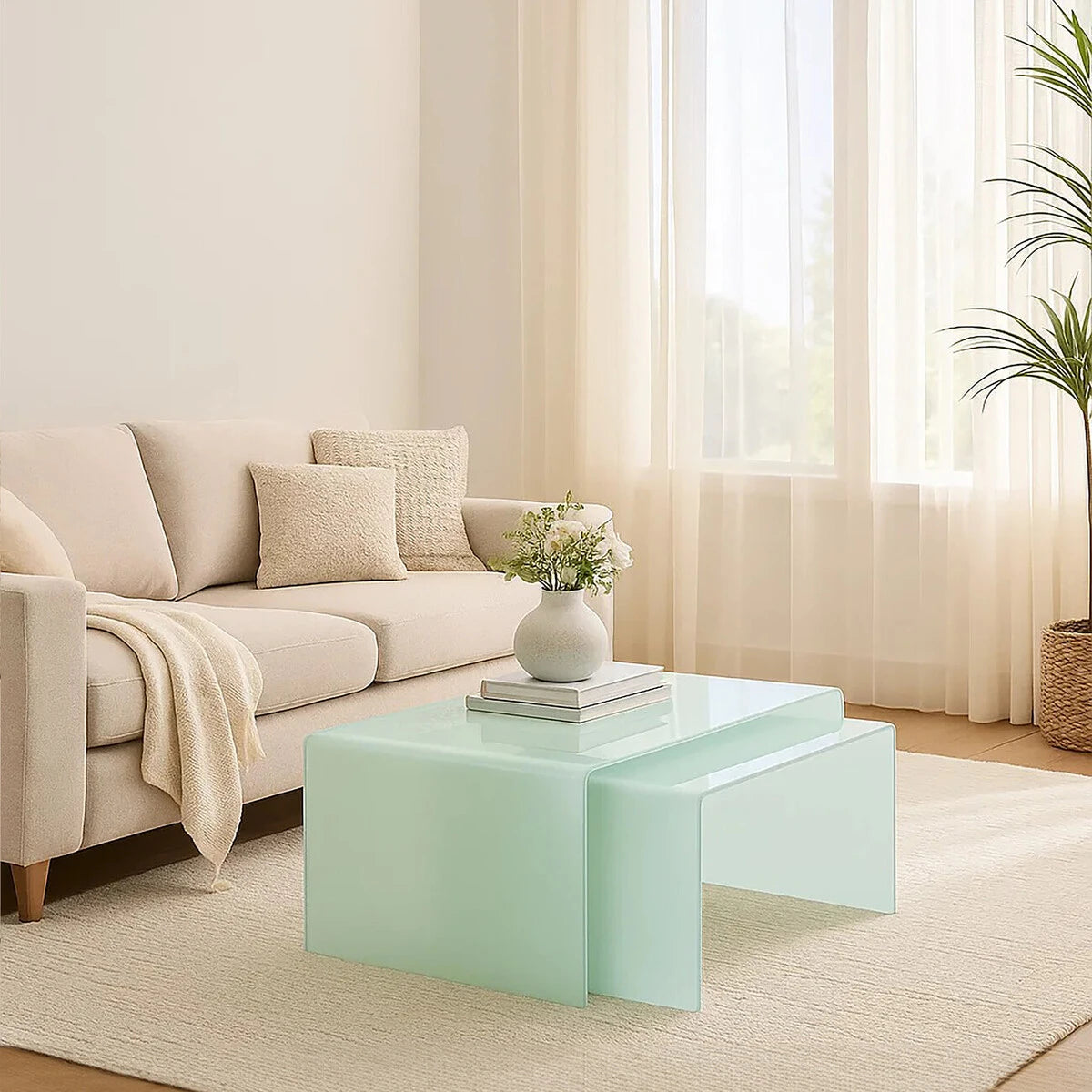 Cascade Nest Of 2 Aqua Green Curved Glass Coffee Tables
