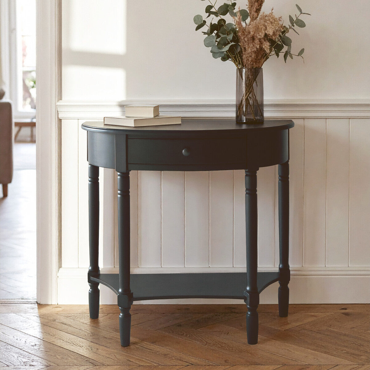 Heritage Half Moon One Drawer Black Console Table