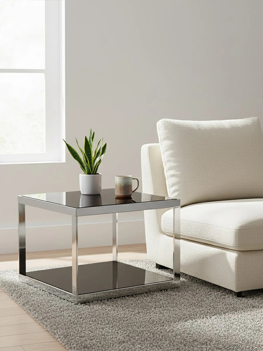 Ackley Silver Square Coffee Table with Black Glass