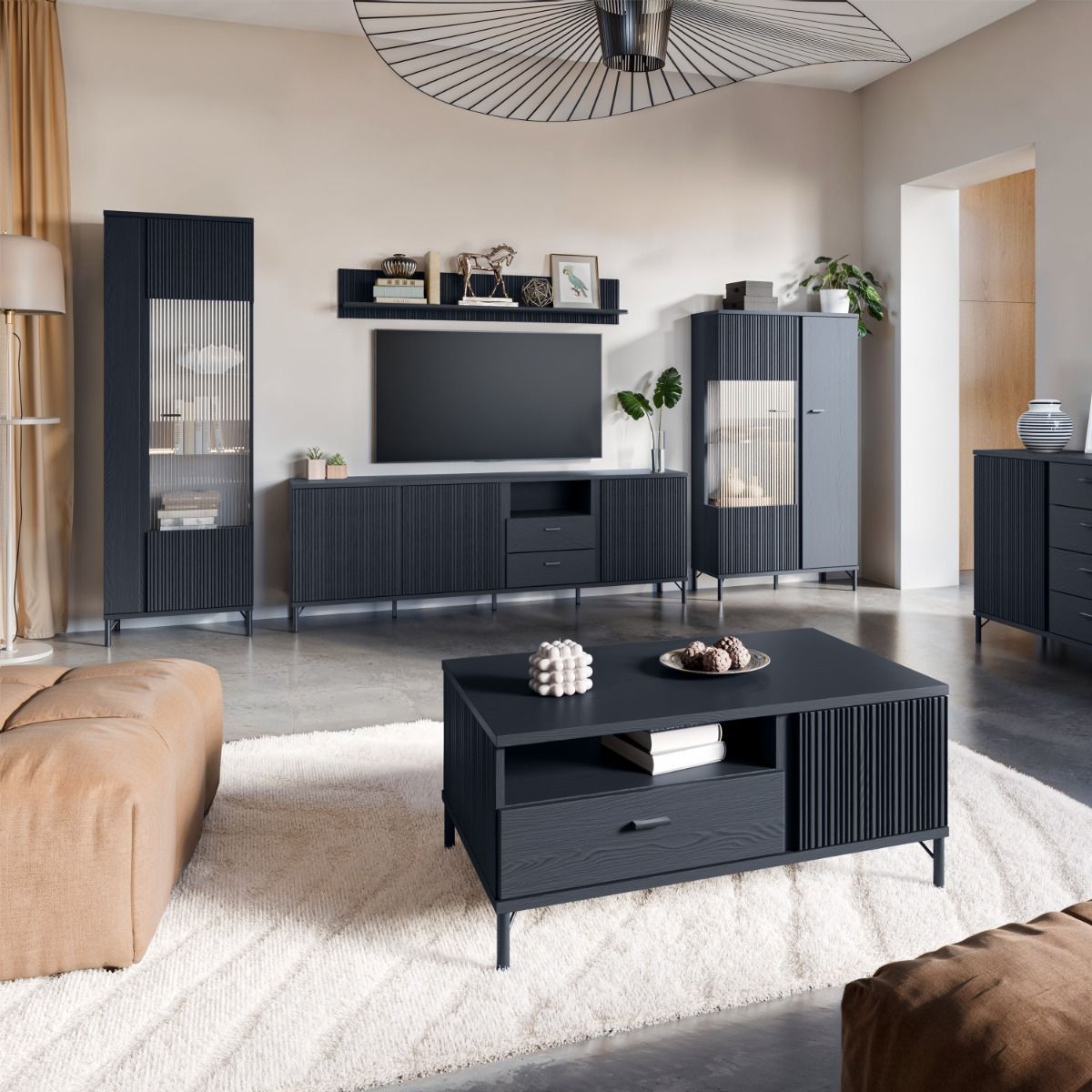 Lusaka TV Cabinet 3 Door 2 Drawer in Black Graphite