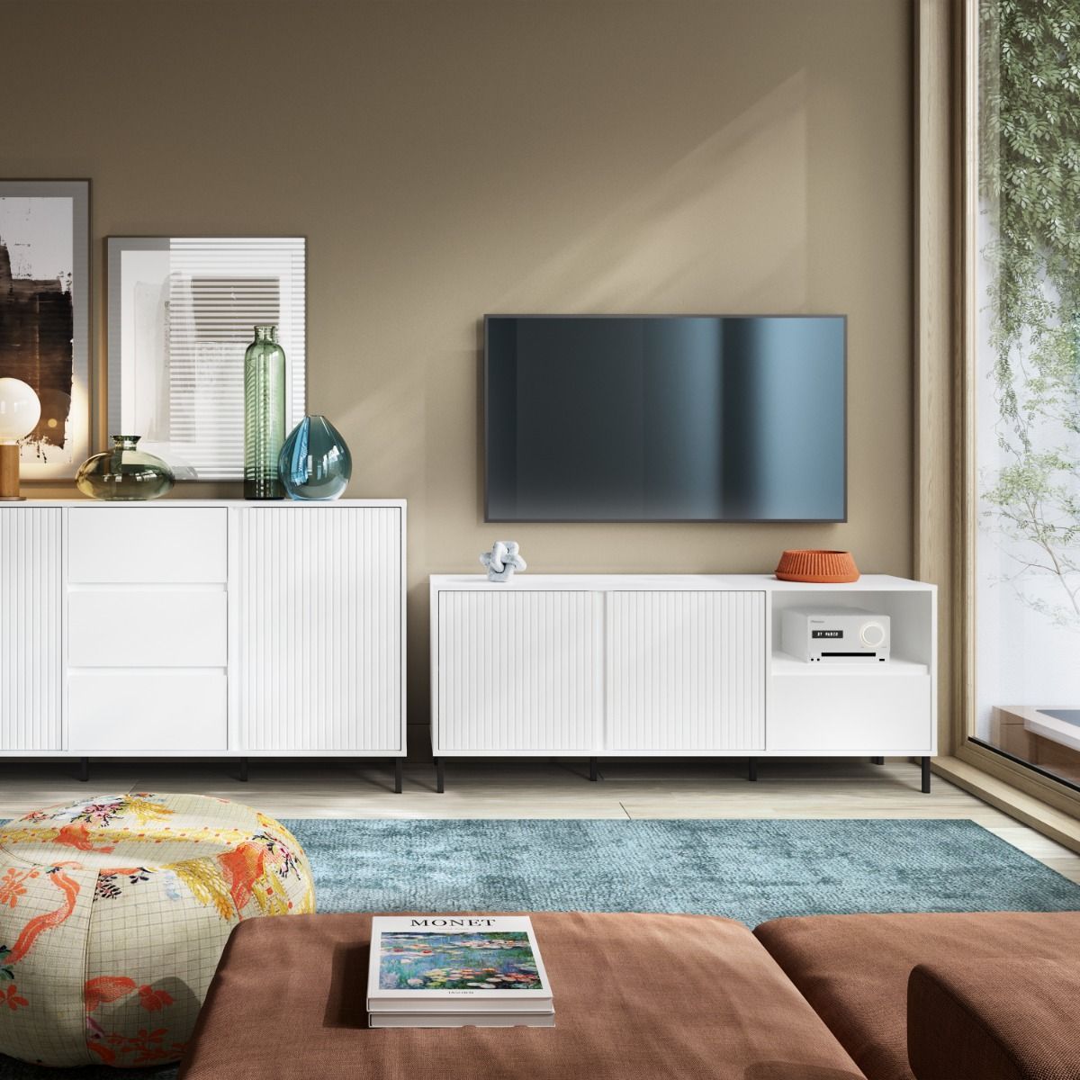 Avenale Wide TV Cabinet 2 Door 1 Drawer in Alpine White High Gloss
