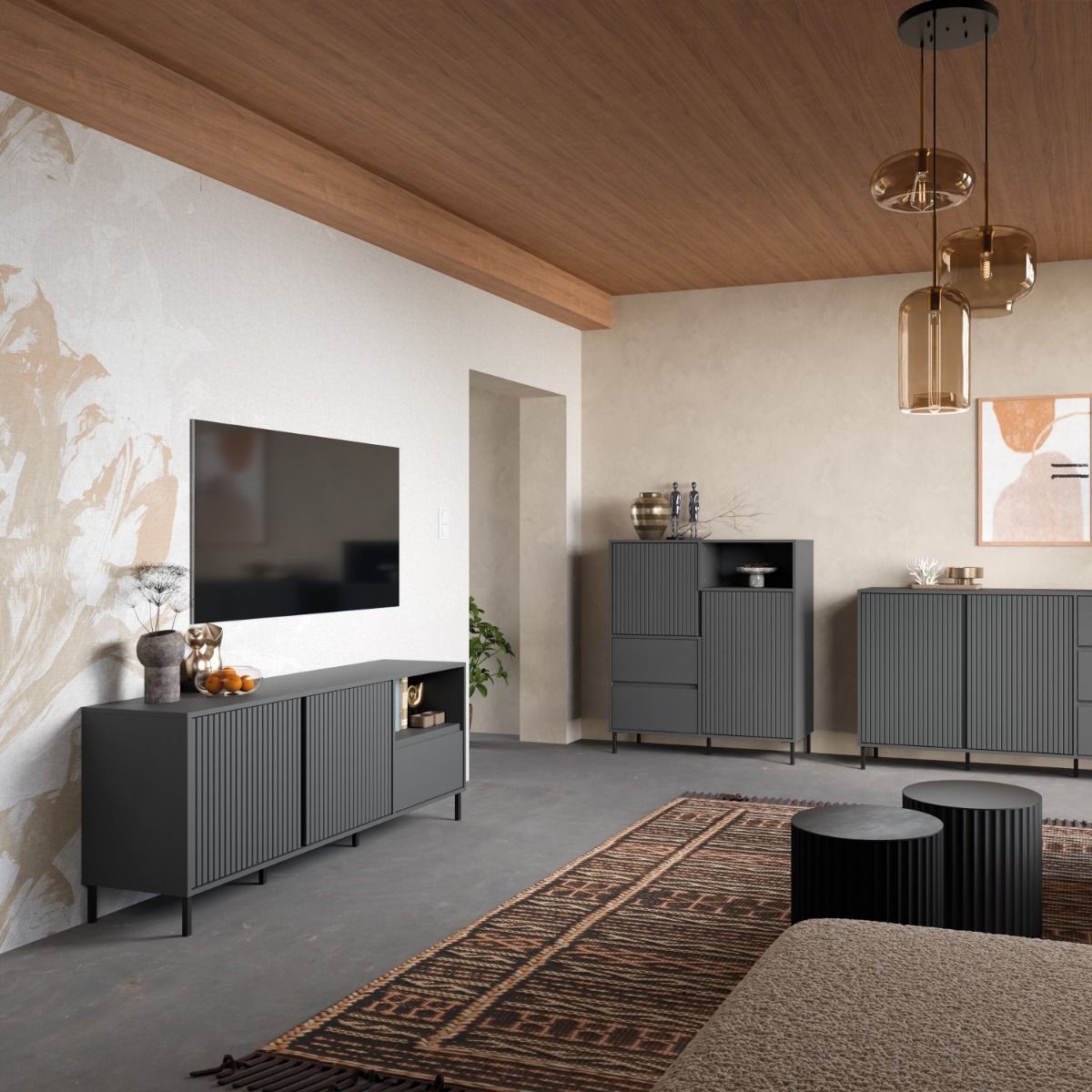 Avenale Wide TV Cabinet 2 Door 1 Drawer in Anthracite