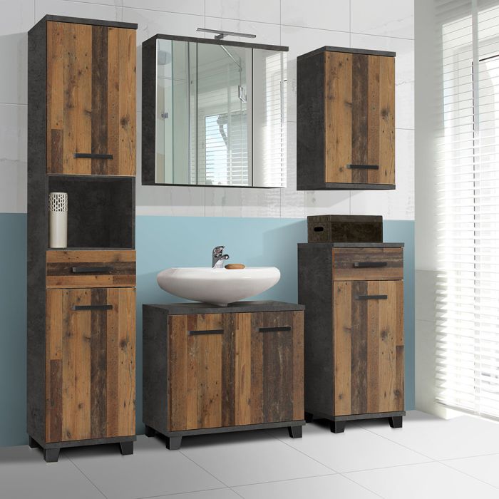 Veris Tall Narrow Bathroom Cupboard with 2 Doors & 1 Drawer in Walnut and Dark Grey