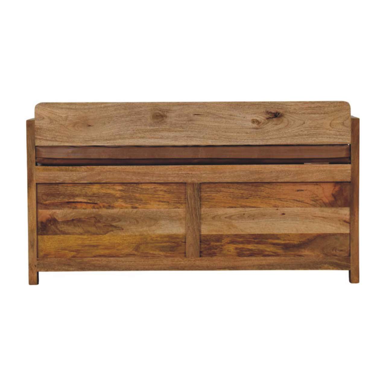 Oakish Storage Bench with Brown Leather Seat