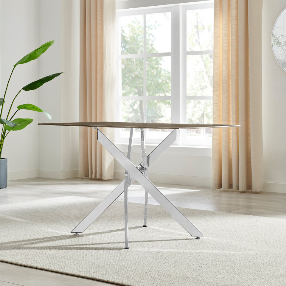 Leonardo Rectangle Brown/Grey Marble Glass & Silver Metal 4 Seat Dining Table