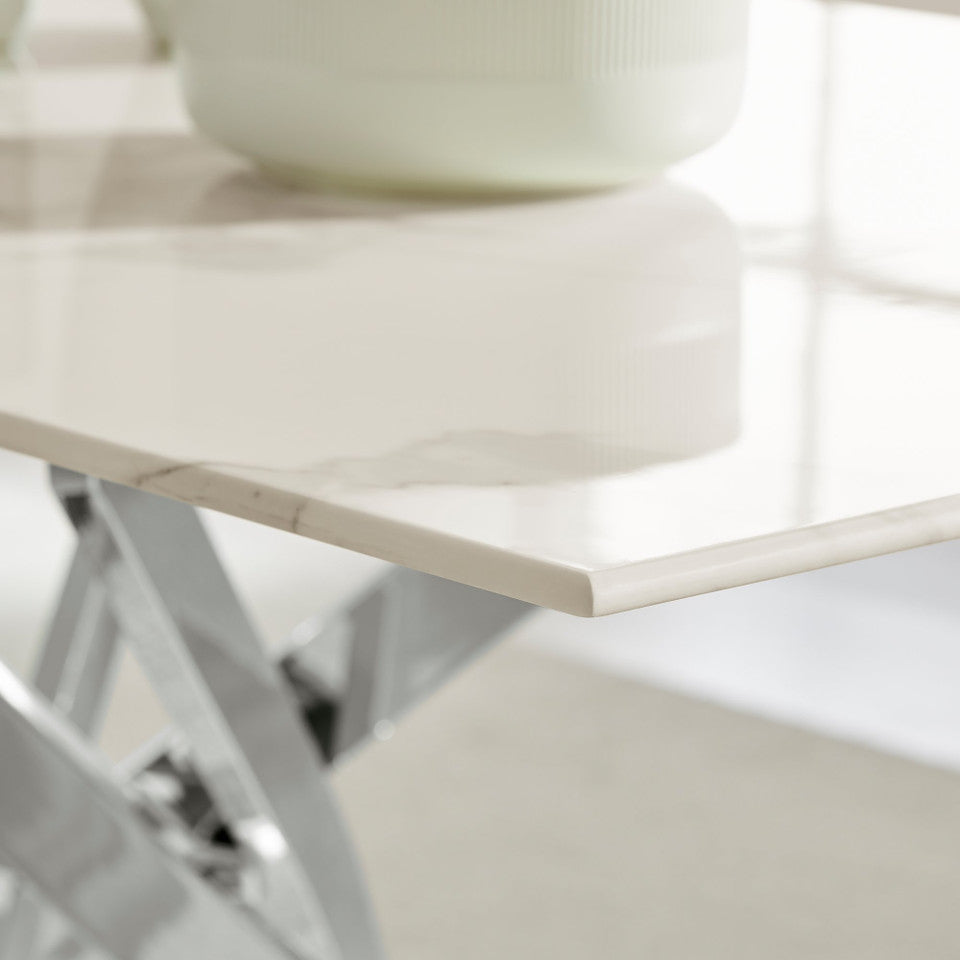 Leonardo Rectangular White Marble Glass and Gold Metal 6 Seater Dining Table