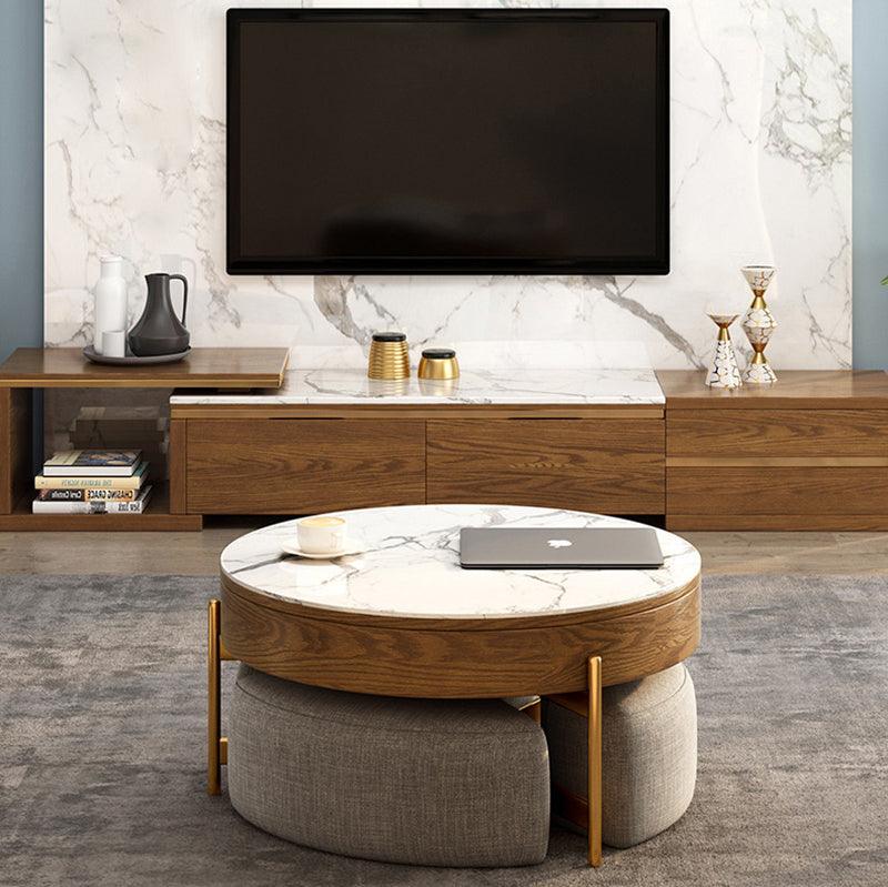 Josiah Round Lift-Top Coffee Table With 3 Small Benches, Linen