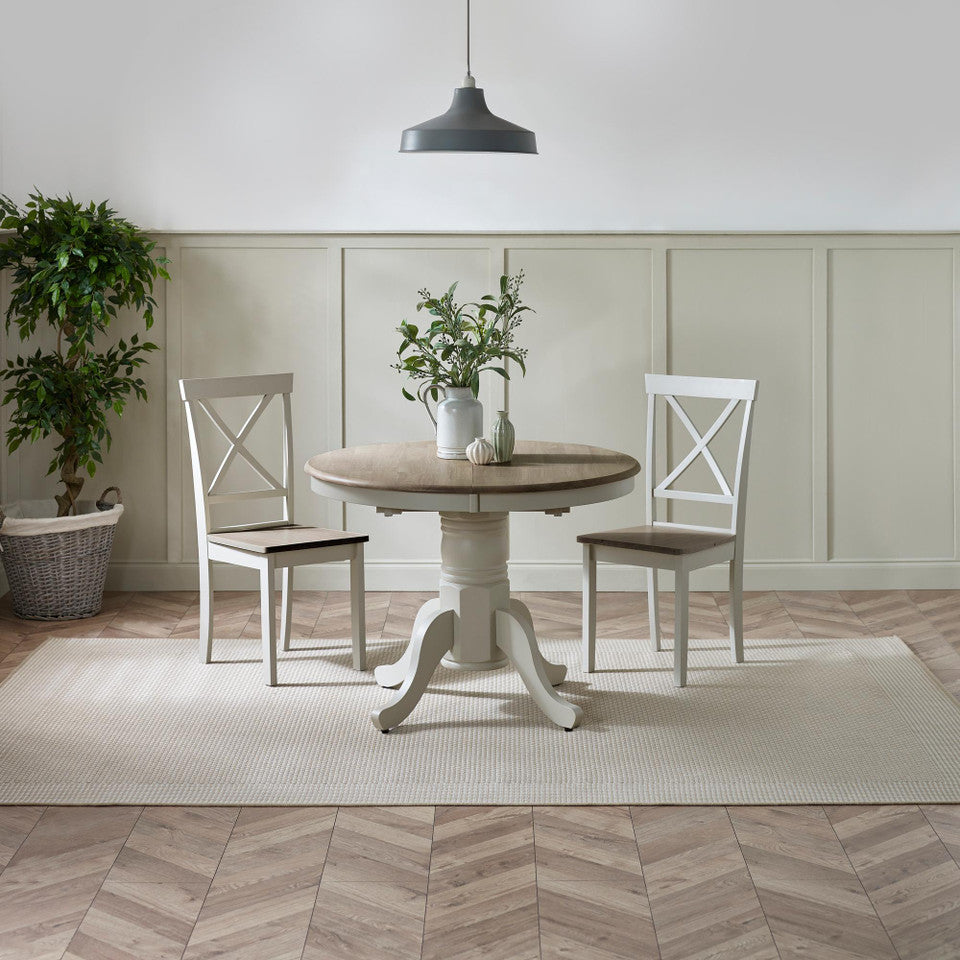 Padstow Round Whitewashed and Light Grey Solid Wood Extending 4-6 Seater Dining Table