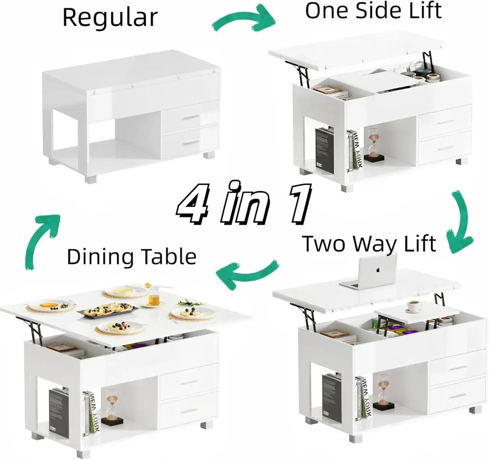 4-in-1 High Gloss Lift-Top Coffee Table with Hidden Storage, Open Shelf & 2 Drawers