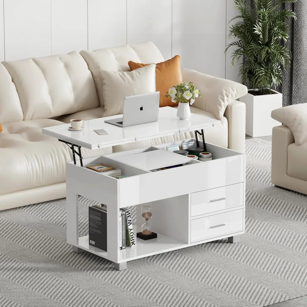 4-in-1 High Gloss Lift-Top Coffee Table with Hidden Storage, Open Shelf & 2 Drawers
