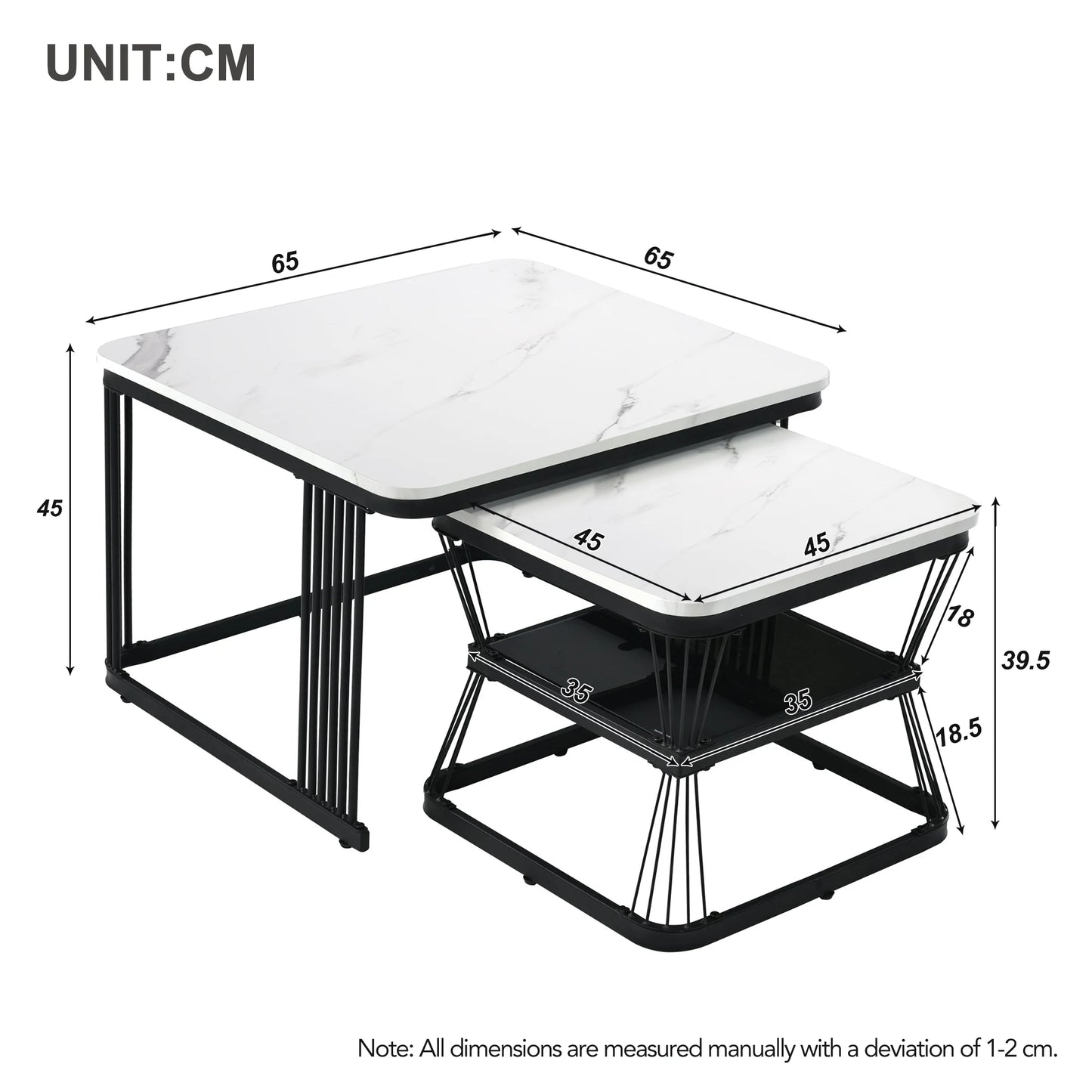 Set of 2 Nesting Tables with Black Metal Frame and Marble Pattern Top, Square Coffee Table for Living Room Hom