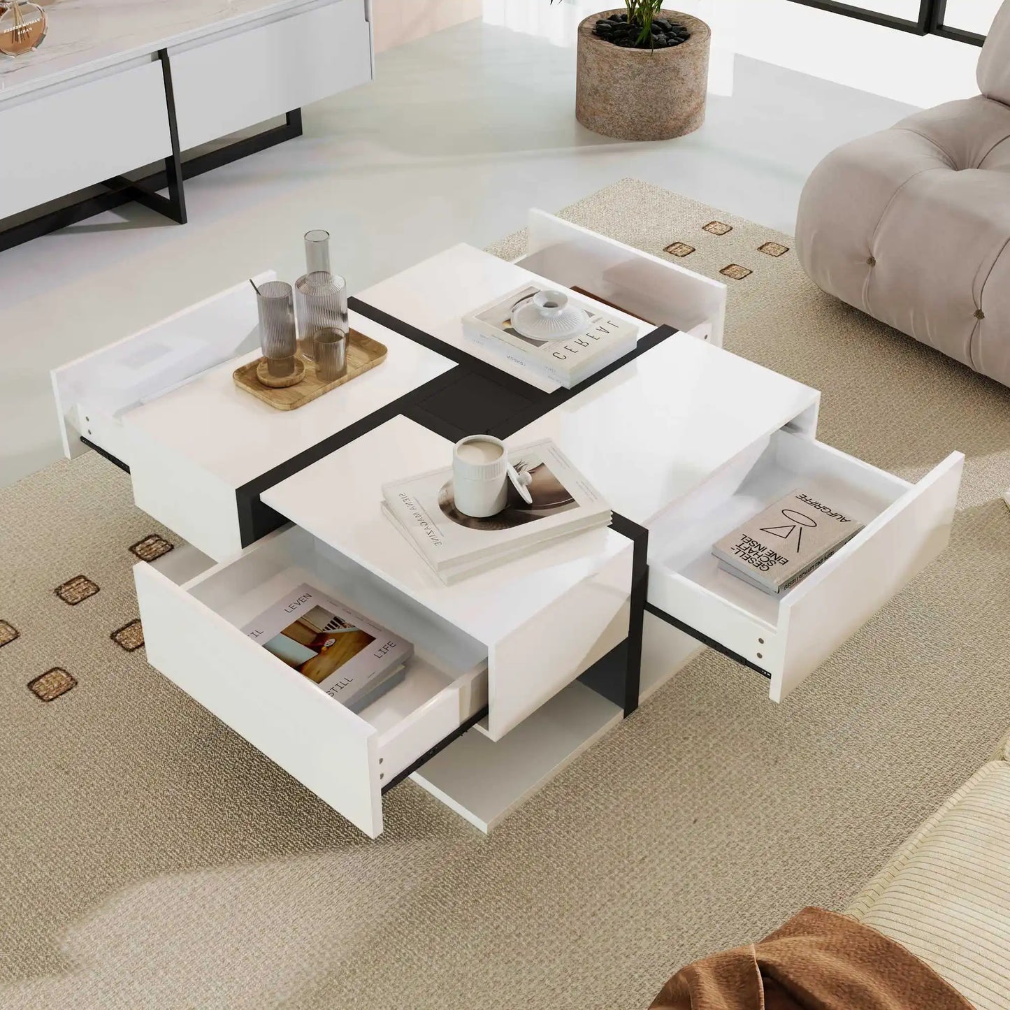Modern Coffee Table with 4 Drawers – Unique Color Matching & Line Design | 78×78×36cm Storage Center Table