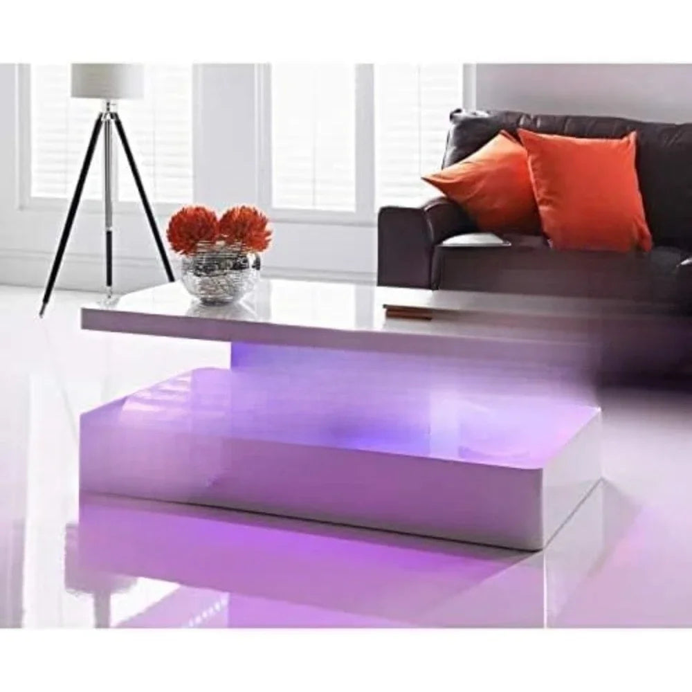 High Gloss LED Coffee Table – 7-Color Changing Lights | Modern Rectangular Living Room Centerpiece