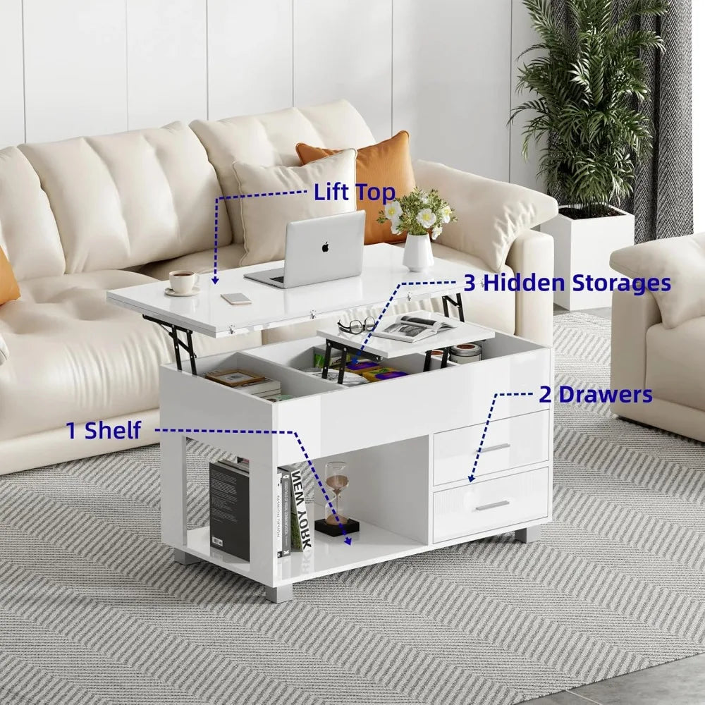 4-in-1 High Gloss Lift-Top Coffee Table with Hidden Storage, Open Shelf & 2 Drawers