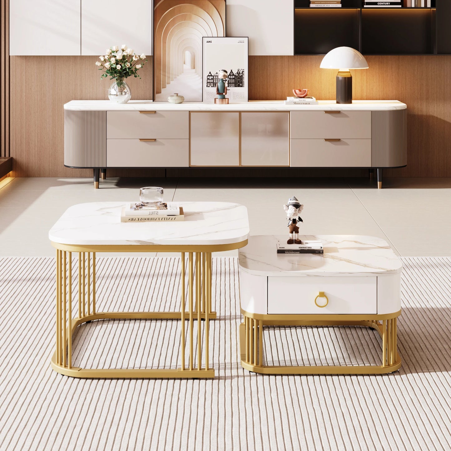Nestable Coffee Table Set – High Gloss Marble Finish with Gold Accents (Set of 2)