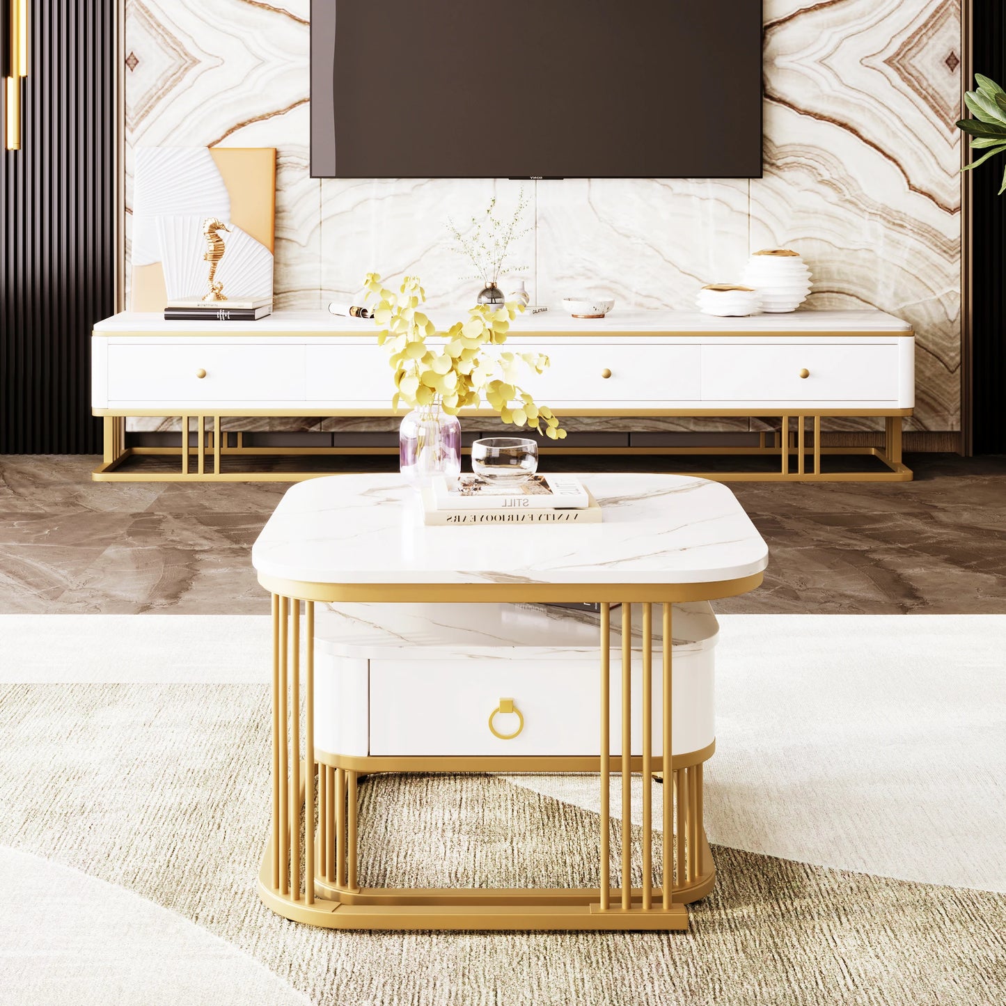 Nestable Coffee Table Set – High Gloss Marble Finish with Gold Accents (Set of 2)