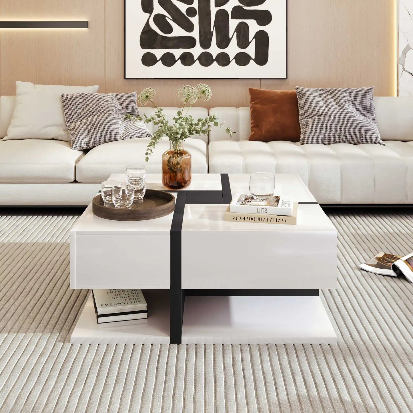 Modern Coffee Table with 4 Drawers – Unique Color Matching & Line Design | 78×78×36cm Storage Center Table