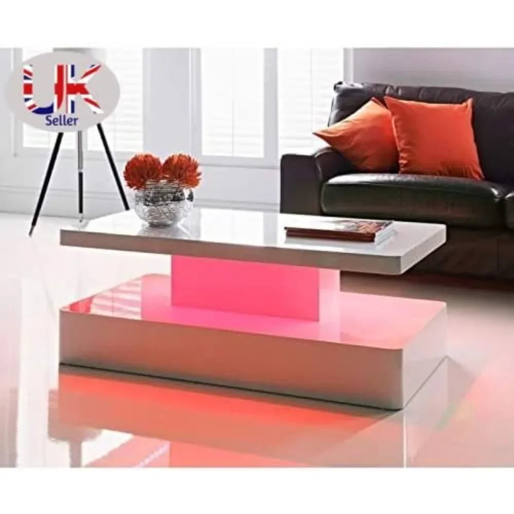 High Gloss LED Coffee Table – 7-Color Changing Lights | Modern Rectangular Living Room Centerpiece