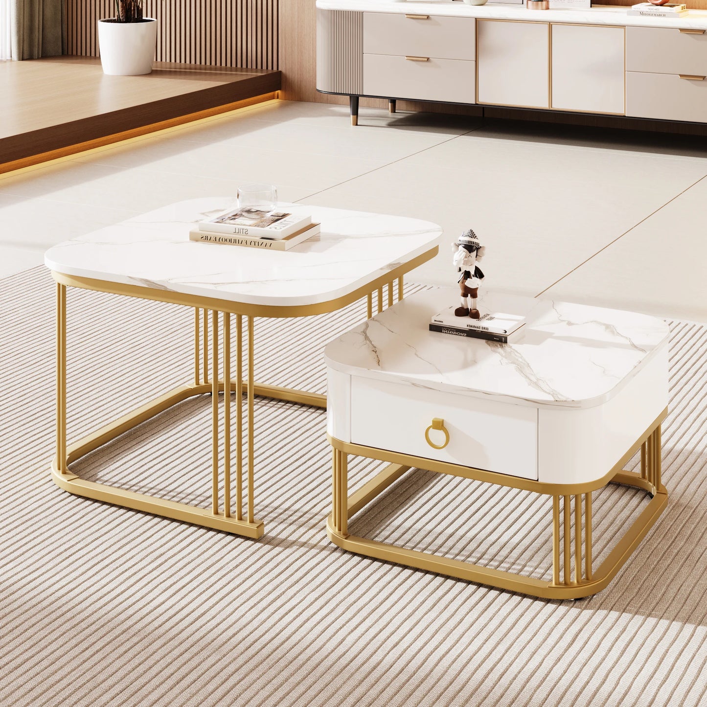 Nestable Coffee Table Set – High Gloss Marble Finish with Gold Accents (Set of 2)
