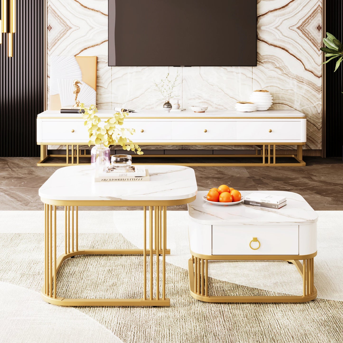 Nestable Coffee Table Set – High Gloss Marble Finish with Gold Accents (Set of 2)