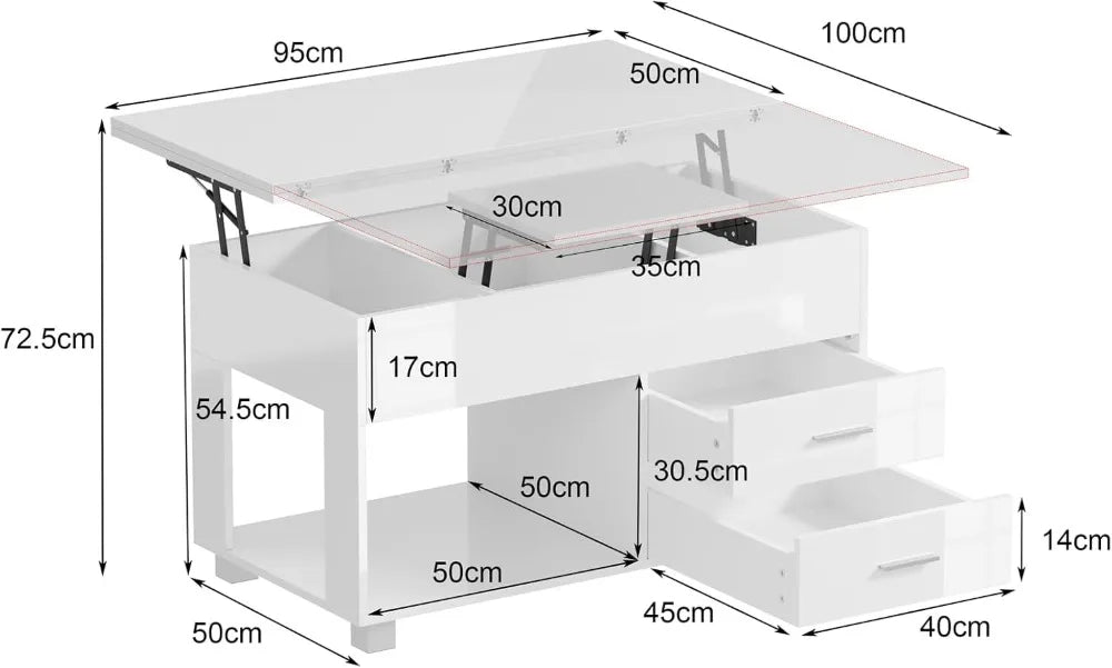 4-in-1 High Gloss Lift-Top Coffee Table with Hidden Storage, Open Shelf & 2 Drawers
