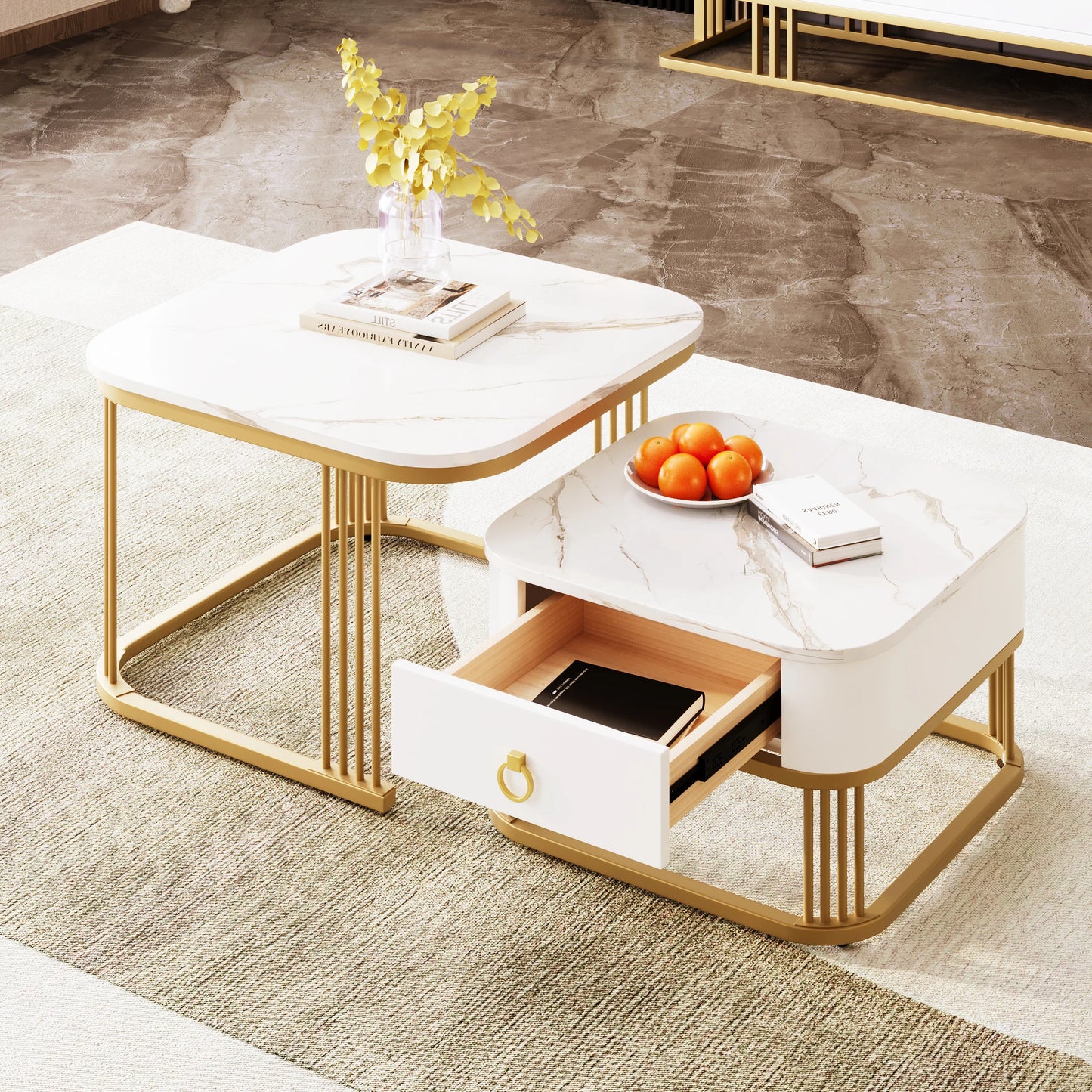 Nestable Coffee Table Set – High Gloss Marble Finish with Gold Accents (Set of 2)