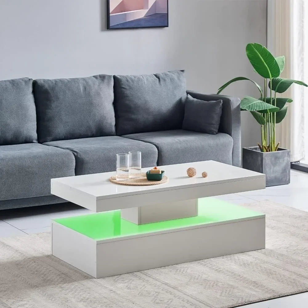 Modern White LED Coffee Table – 16-Color Light Rectangle Console | Living Room Tea Side End Centre Table