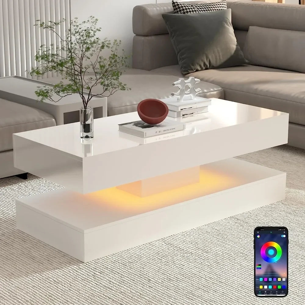 Modern White LED Coffee Table – 16-Color Light Rectangle Console | Living Room Tea Side End Centre Table
