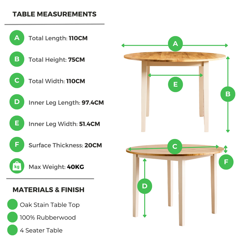 Salcombe Round Oak and Cream Solid Wood 4 Seater Dining Table