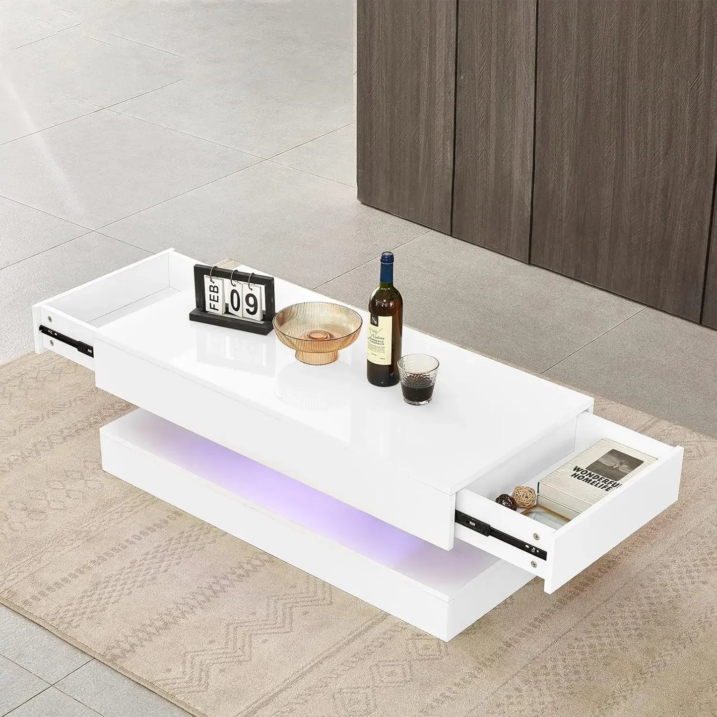 Modern White LED Coffee Table – 16-Color Light Rectangle Console | Living Room Tea Side End Centre Table