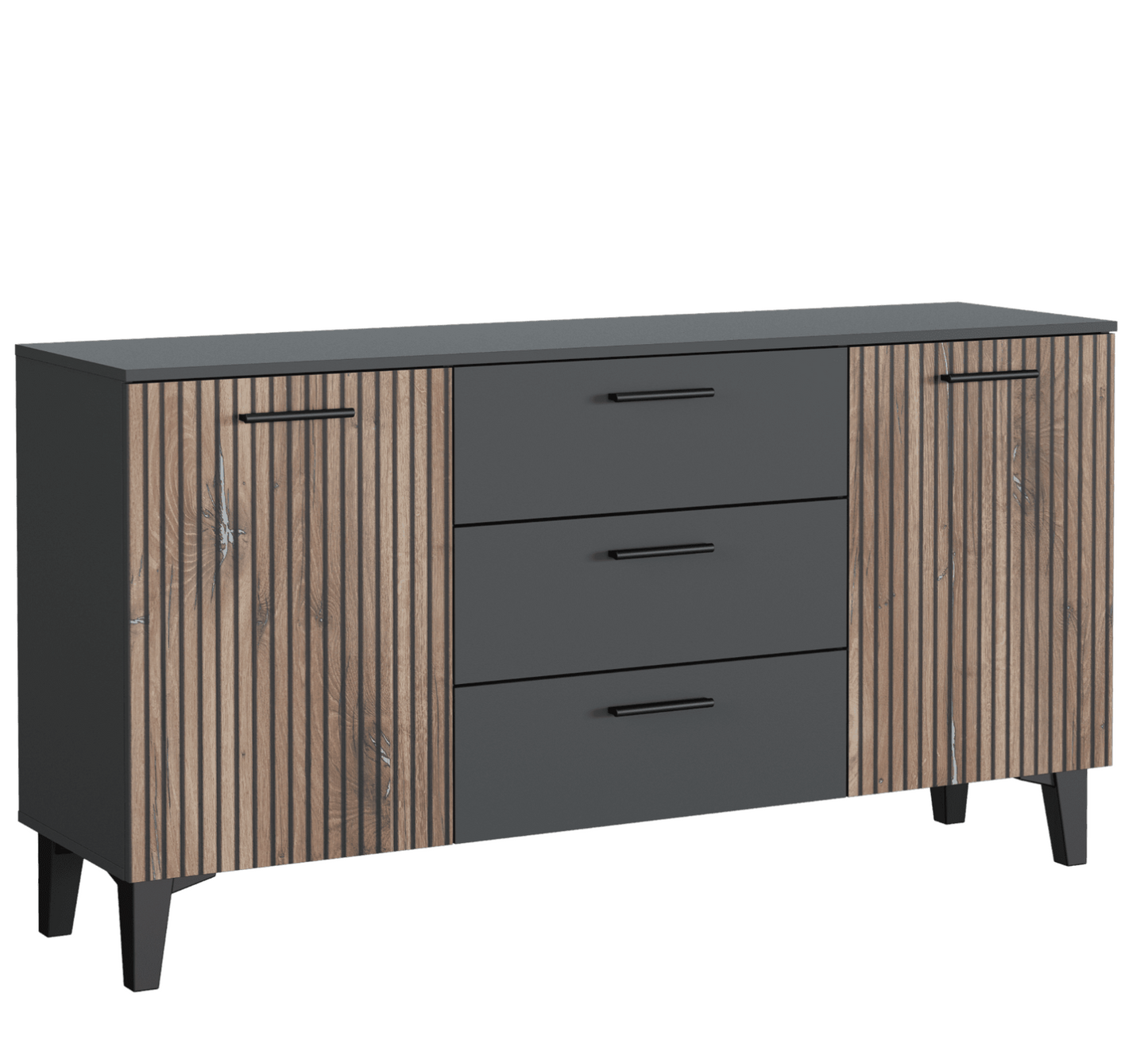 Woodsmith Dark Grey And Slated Rustic Oak Effect Large Wide 2 Door 3 Drawer Sideboard