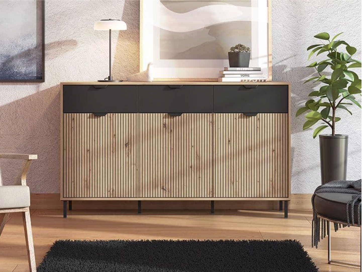Martinique Artisan Oak Effect Slatted And Black 3 Door Sideboard