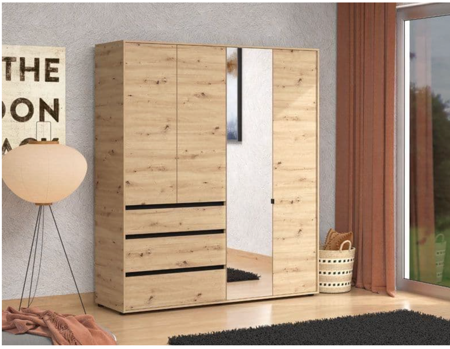 Kyoto Artisan Oak Effect 4 Door 3 Drawer Mirrored Wardrobe