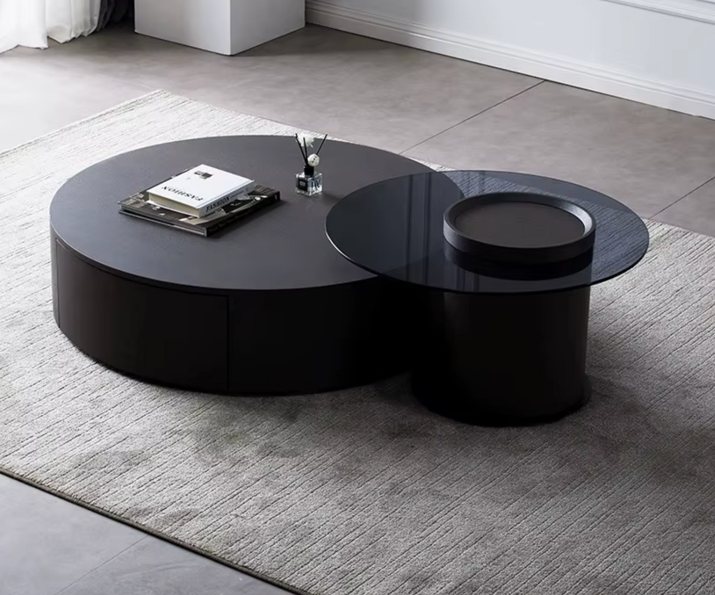 Modern Coffee Table with Glass Top & Storage –Adjustable.