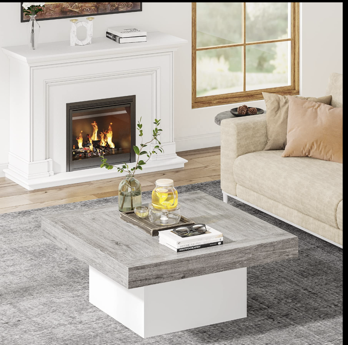 90×90×45 cm | Square LED Coffee Table – Grey & White Wood Center Table with Lights