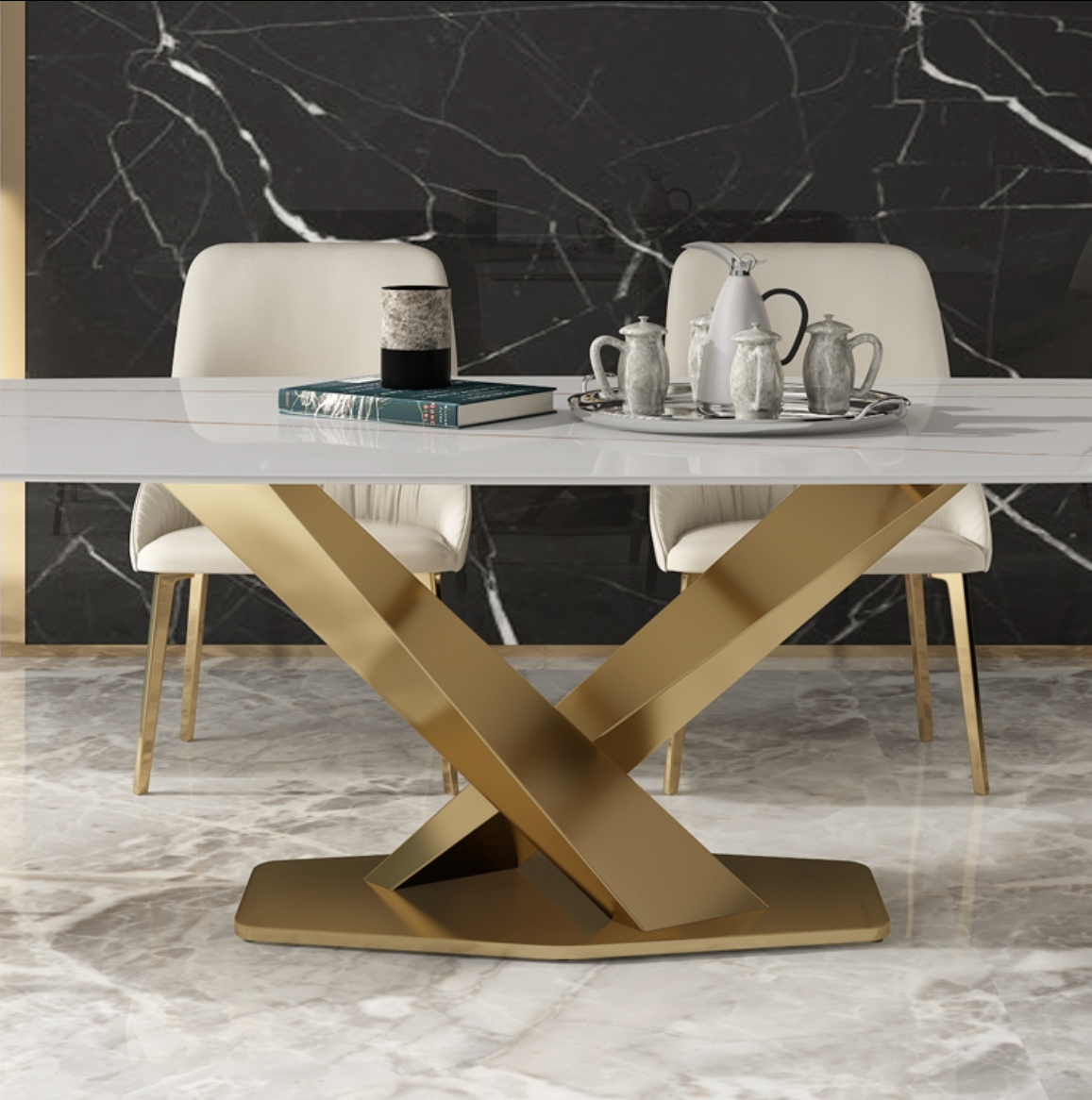 Aurelia Luxury Marble Dining Table – Sintered Stone Top with Gold Base
