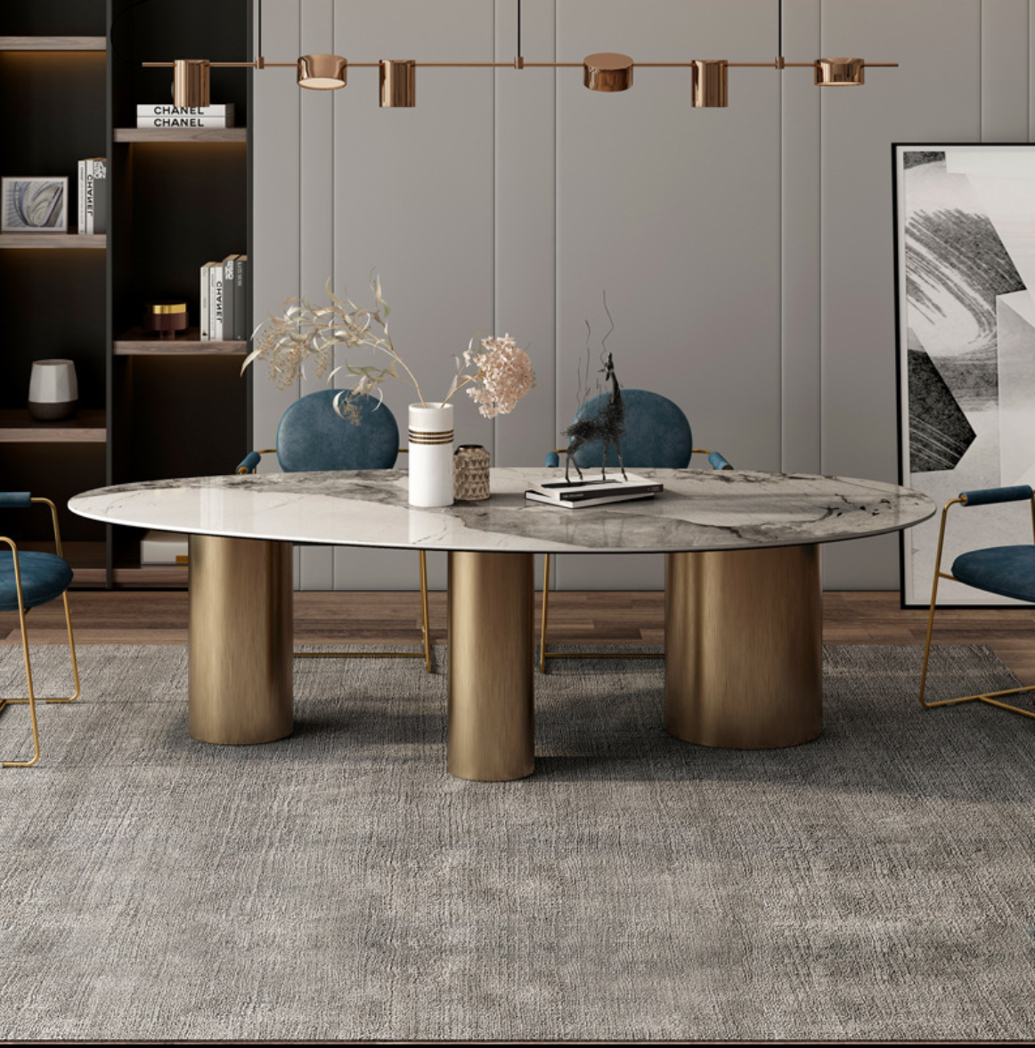 Ovan Light Luxury Dining Table – Stainless Steel Frame with Slate Top