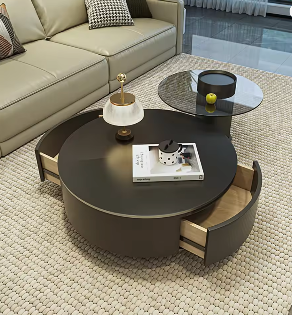 Nordic Round Coffee Table – Minimalist Living Room Decor with 2 Drawers