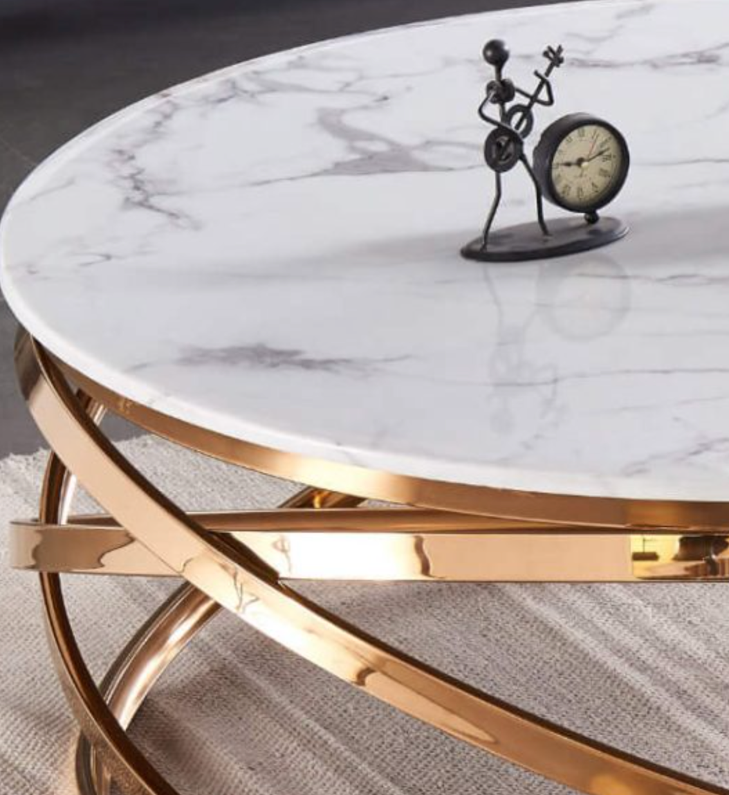 Nabraska Round Marble Coffee Table with Gold Metal Frame – Modern Living Room Furniture