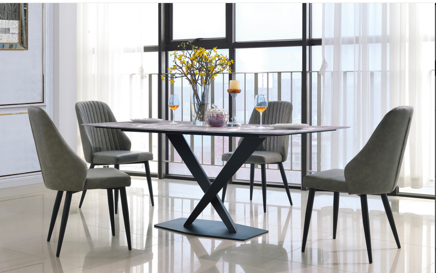 Crete Marble Dining Table + 4 Fabric Chairs – Black Metal Frame Modern Dining Set