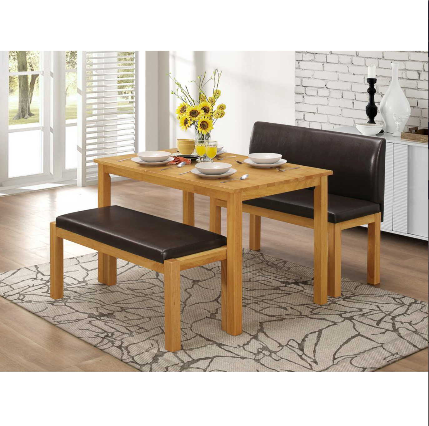 Hamra 3-Piece Dining Set – Table with 2 Benches, Solid Rubberwood, Natural Oak