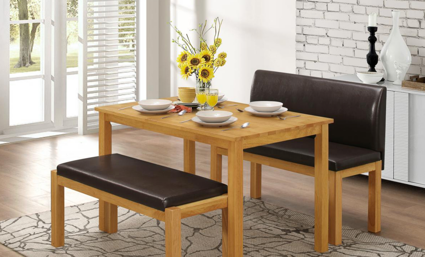 Hamra 3-Piece Dining Set – Table with 2 Benches, Solid Rubberwood, Natural Oak
