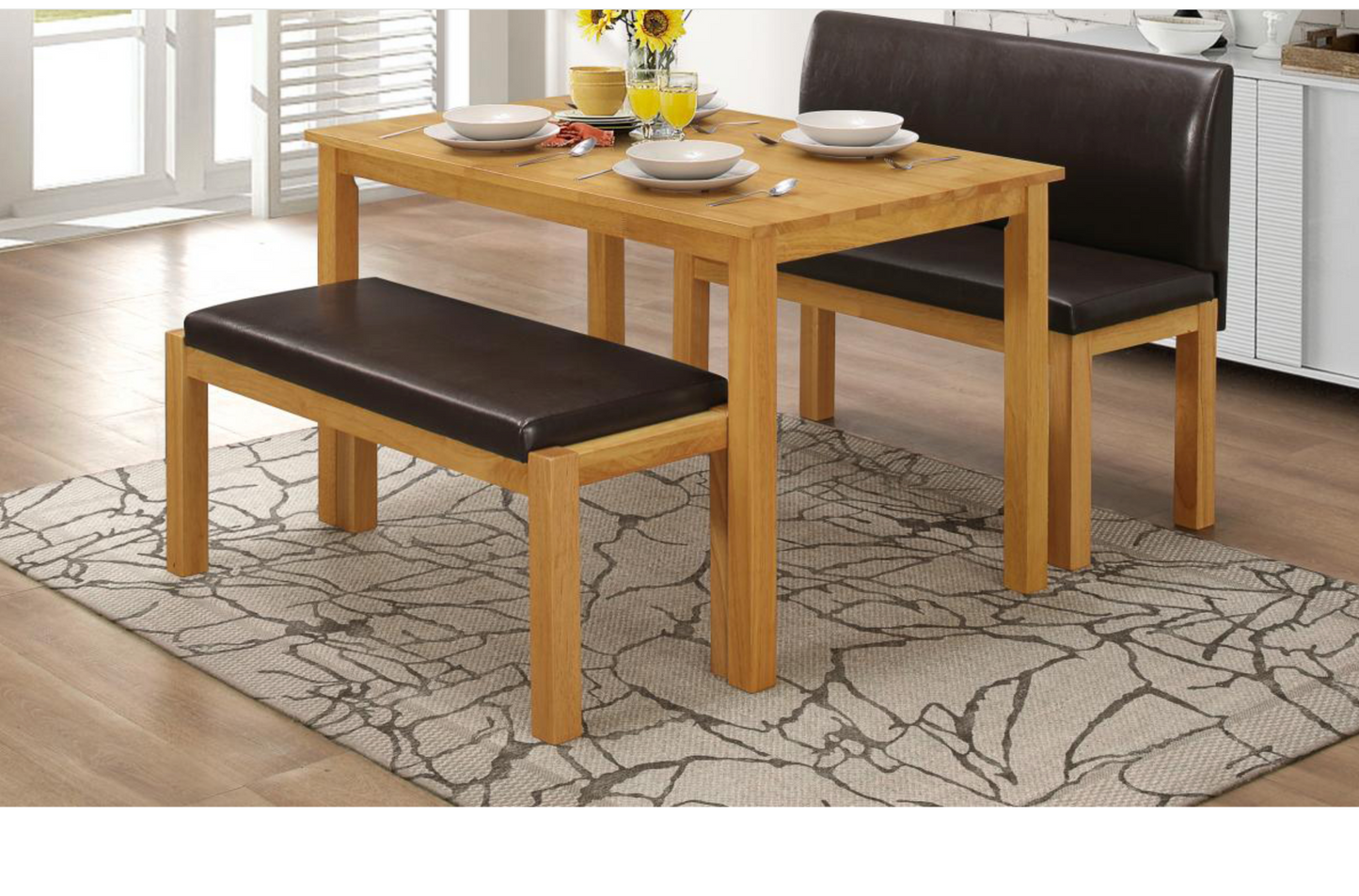 Hamra 3-Piece Dining Set – Table with 2 Benches, Solid Rubberwood, Natural Oak