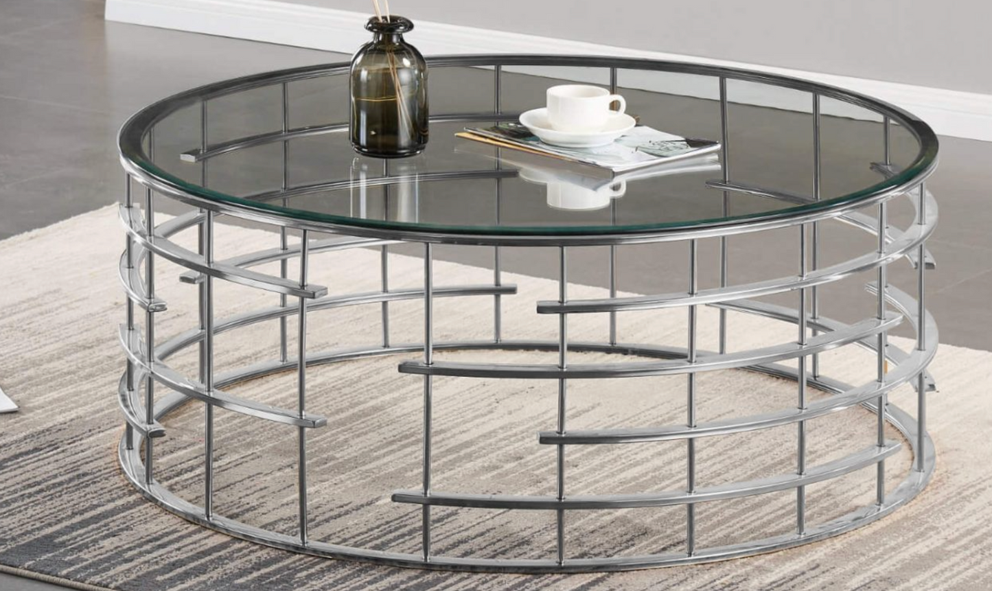 Modern Missouri Round Coffee Table – Clear Glass & Silver Frame