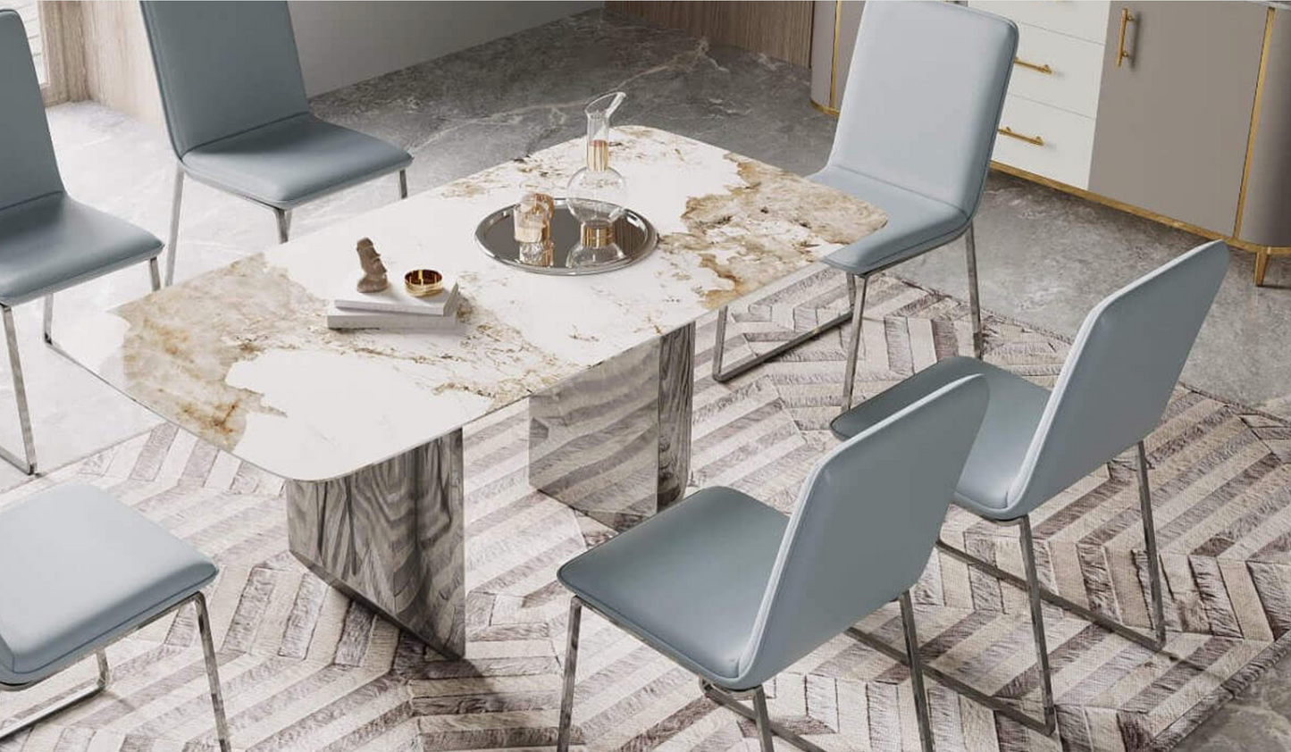 Montego 2000W Dining Table – Marble Finish, Silver Base