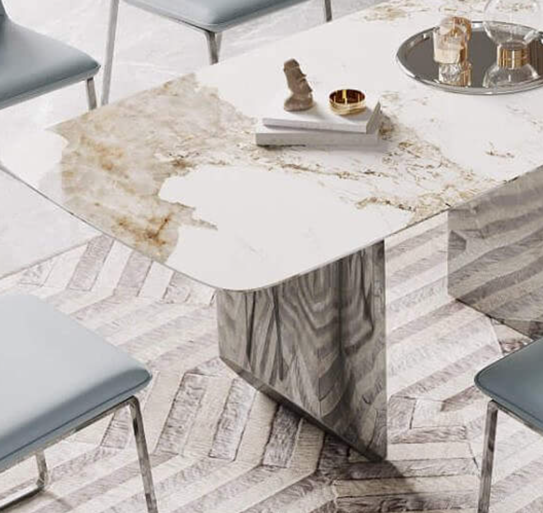 Montego 2000W Dining Table – Marble Finish, Silver Base