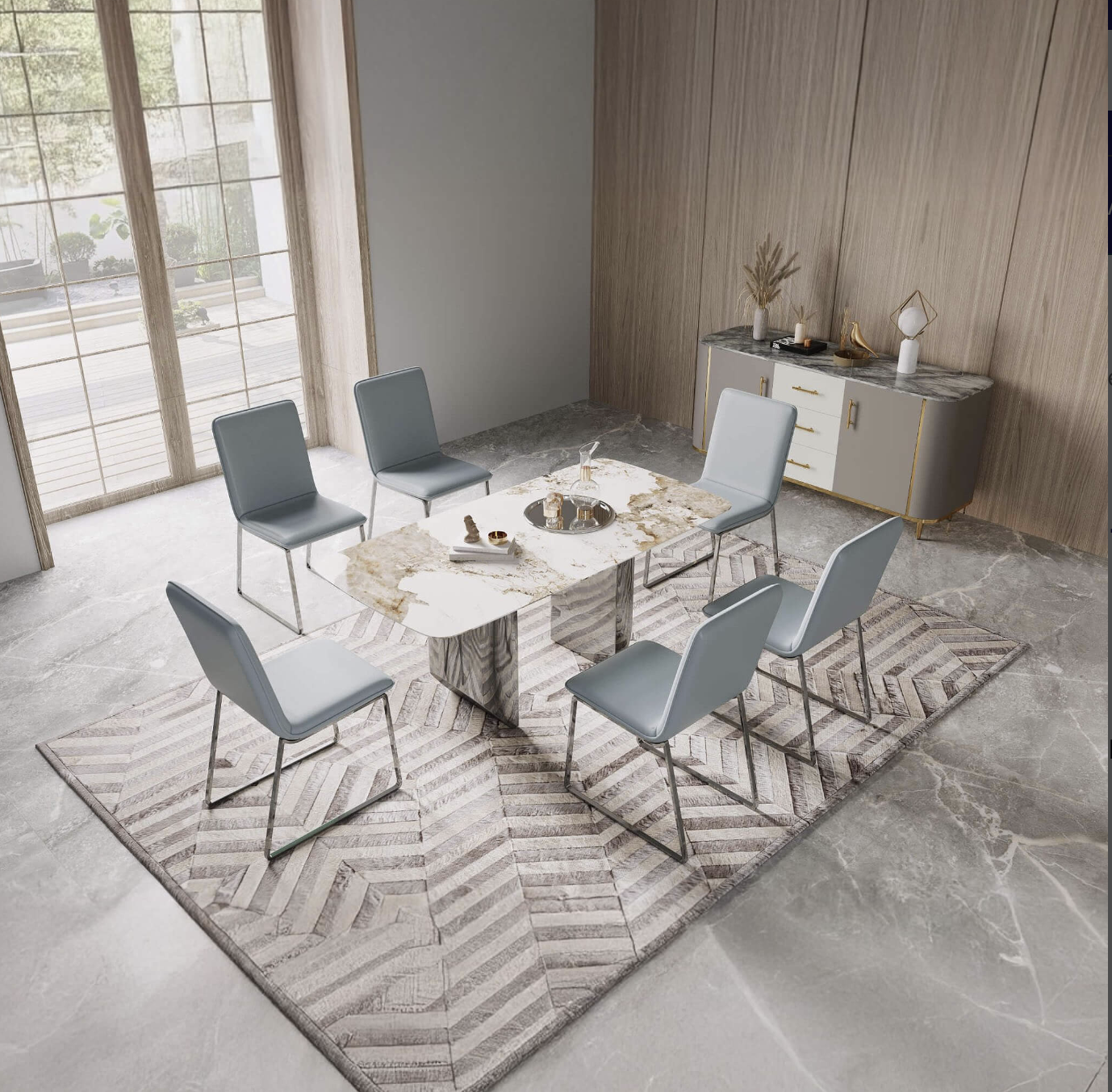 Montego 2000W Dining Table – Marble Finish, Silver Base