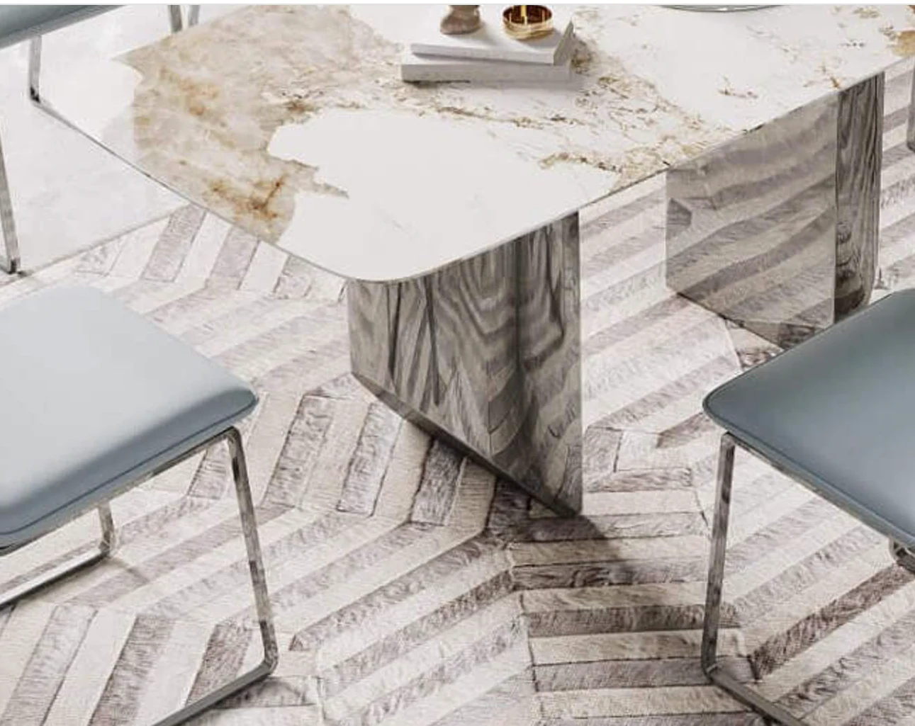 Montego 2000W Dining Table – Marble Finish, Silver Base